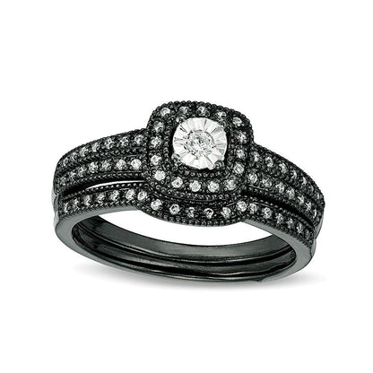 0.2 ct. Gesamtgewicht Diamant Brautset im Vintage-Stil mit Kissenschliff-Rahmen in 10K Weißgold mit schwarzem Rhodium