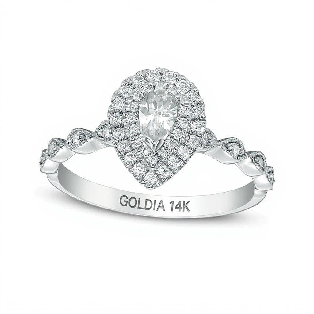 0,5 ct. Gesamtgewicht Halo-Verlobungsring mit tropfenförmigem und rundem Diamant in 14K Weißgold