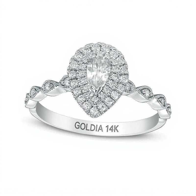 0,5 ct. Gesamtgewicht Halo-Verlobungsring mit tropfenförmigem und rundem Diamant in 14K Weißgold