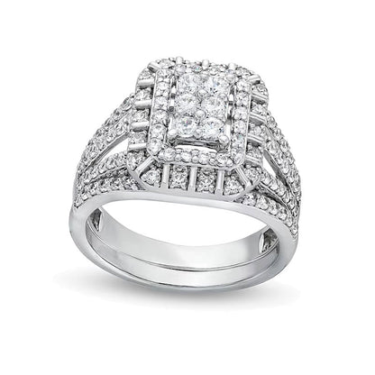 1.0 CT. Gesamtgewicht Braut-Set mit Smaragd und mehreren runden weißen Diamanten, dreireihig, Split-Shank, in 10K Weißgold