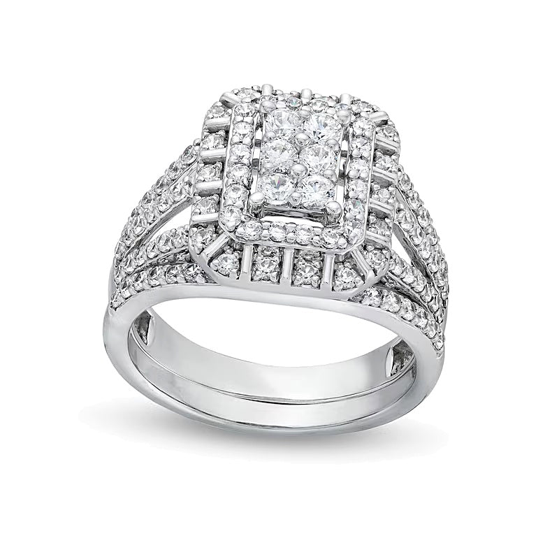 1.0 CT. Gesamtgewicht Braut-Set mit Smaragd und mehreren runden weißen Diamanten, dreireihig, Split-Shank, in 10K Weißgold