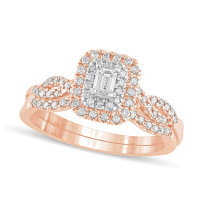 Braut-Set mit weißen Diamanten im Smaragdschliff 0.5 ct. Gesamtgewicht mit doppeltem Rahmen und mehrreihig in 10K Roségold