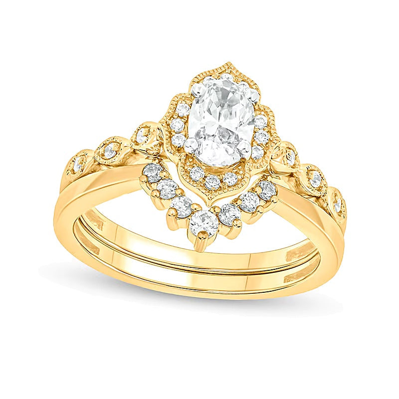 0,75 ct. Gesamtgewicht Braut-Set mit Diamant im Oval- und Rundschliff im Vintage-Stil in 14K Gelbgold (I/I2)