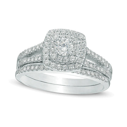 Braut-Set mit Diamanten im Kissenschliff und rund, 0.75 ct. Gesamtgewicht, doppelter Halo und geteilter Schiene, in 10K Weißgold