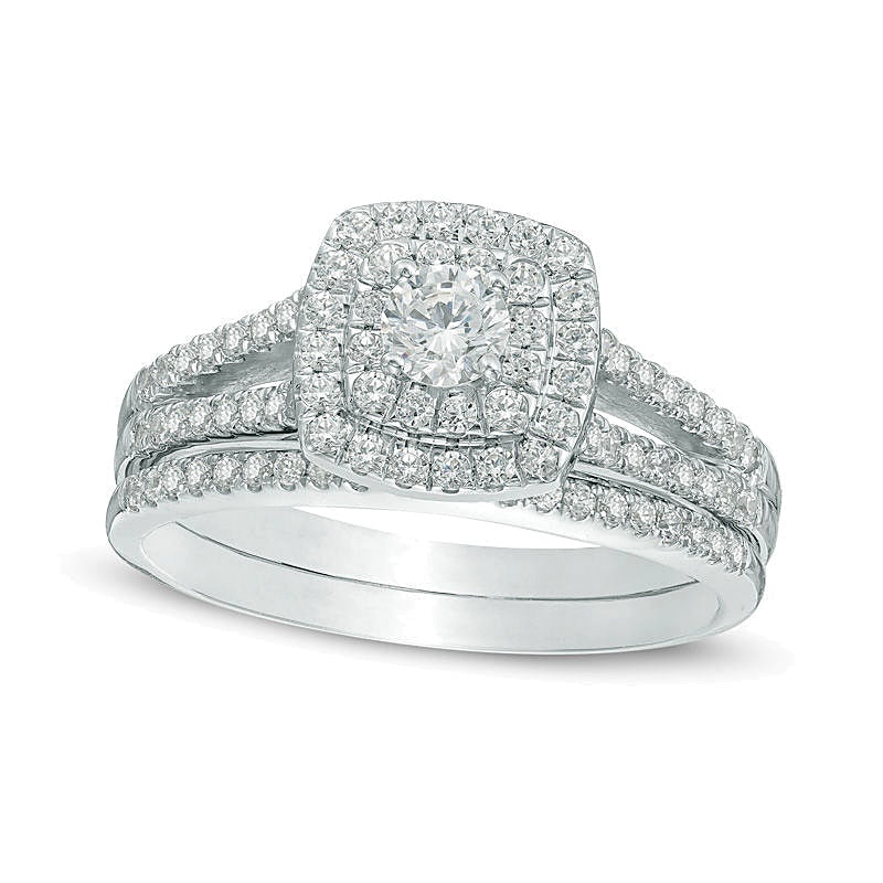 Braut-Set mit Diamanten im Kissenschliff und rund, 0.75 ct. Gesamtgewicht, doppelter Halo und geteilter Schiene, in 10K Weißgold