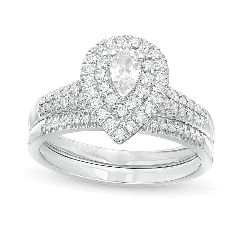 0,75 ct. Gesamtgewicht Braut-Set mit tropfenförmigem Diamant und doppeltem Halo in 14K Weißgold