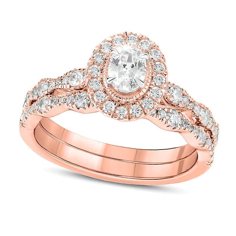 1.0 ct. Gesamtgewicht Brautset mit Diamanten im Oval- und Rundschliff in 14K Roségold