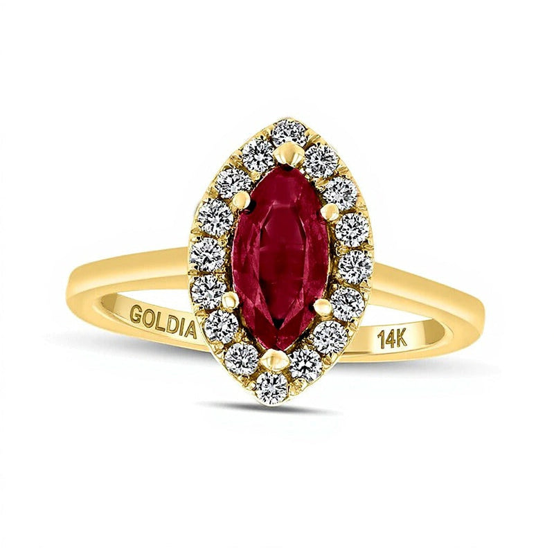 Ring mit Marquise-Rubin und 0,25 ct. Gesamtgewicht Diamanten im Halo in 14K Gelbgold