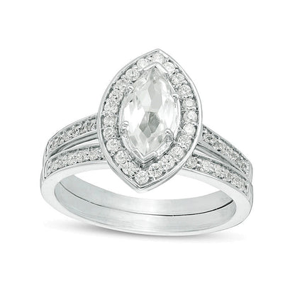 Braut-Set mit Labor-Saphir in Marquise-Schliff und 0.33 CT. TW Diamanten in rhodiniertem Sterlingsilber