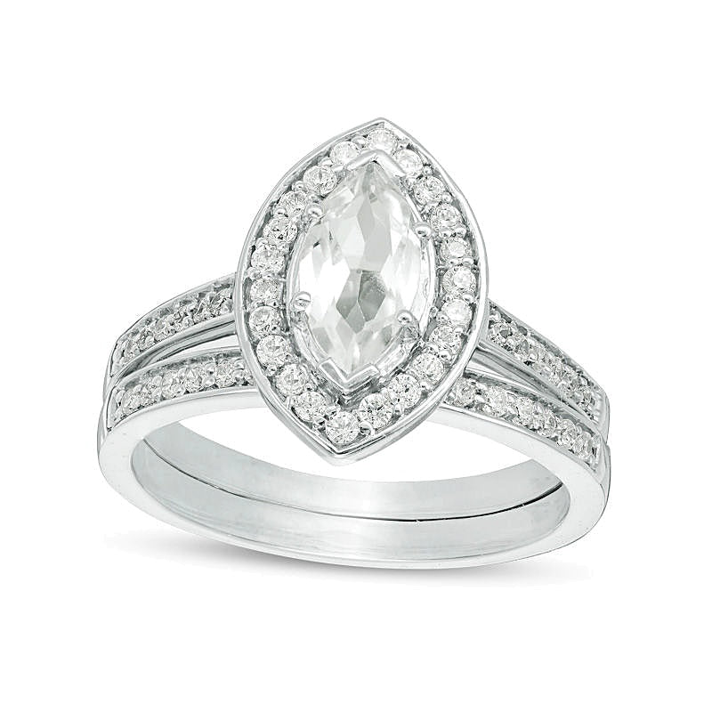 Braut-Set mit Labor-Saphir in Marquise-Schliff und 0.33 CT. TW Diamanten in rhodiniertem Sterlingsilber