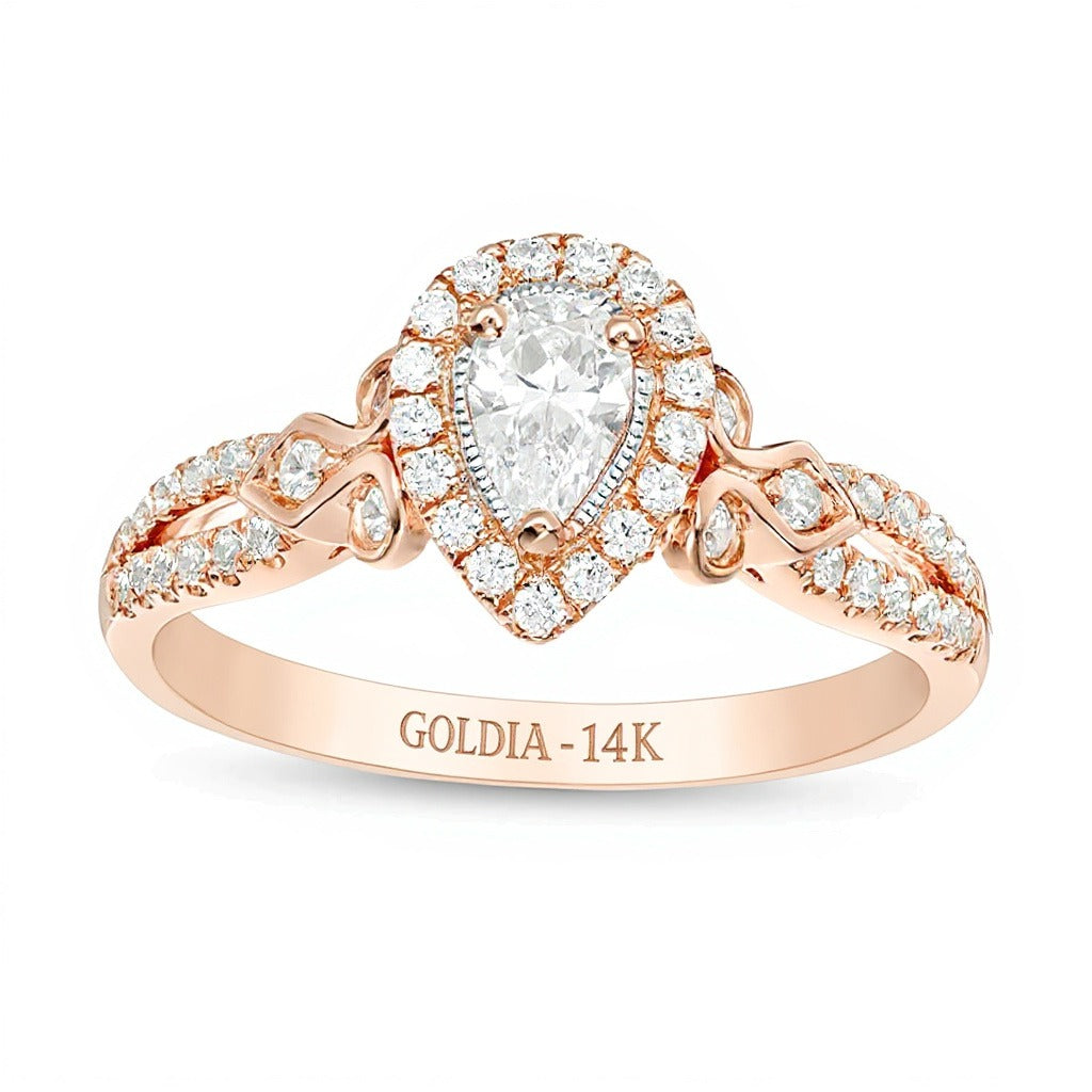 0.5 CT. Gesamtgewicht Verlobungsring mit tropfenförmigem Diamant im Vintage-Stil in 14K Roségold