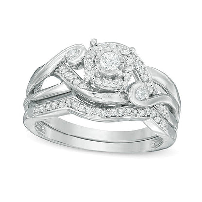 0.33 ct. Gesamtgewicht Diamant-Brautset mit Halo und geteiltem Ringschienen-Design aus rhodiniertem Sterlingsilber