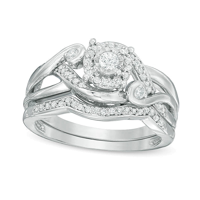 0.33 ct. Gesamtgewicht Diamant-Brautset mit Halo und geteiltem Ringschienen-Design aus rhodiniertem Sterlingsilber