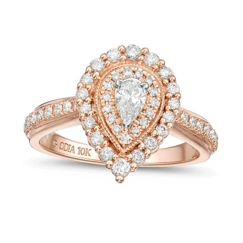 0,63 ct. Gesamtgewicht tropfenförmiger Diamant Halo-Verlobungsring im Vintage-Stil mit doppeltem Rahmen in 10K Roségold