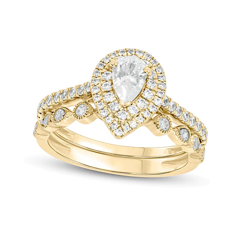 Braut-Set mit tropfenförmigem und rundem weißem Diamant 1.0 ct. Gesamtgewicht in 10K Gelbgold (I/I2)
