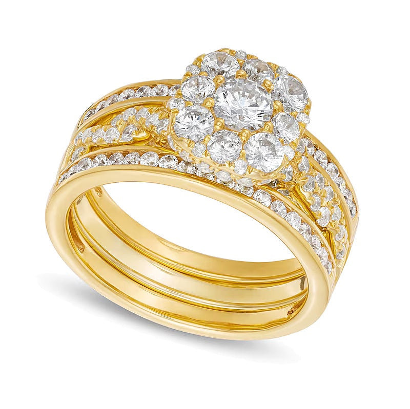 Braut-Set mit Diamanten im Kissenschliff und rund, gedrehter Ringschiene, 1.5 ct. Gesamtgewicht, in 10K Gelbgold
