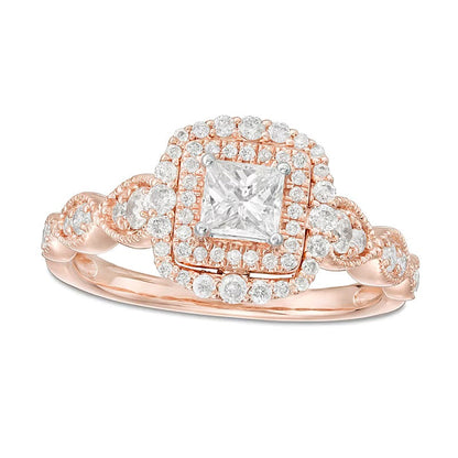 0.88 ct. Gesamtgewicht Verlobungsring Halo mit weißen Diamanten im Princess- und Rundschliff in 10K Roségold