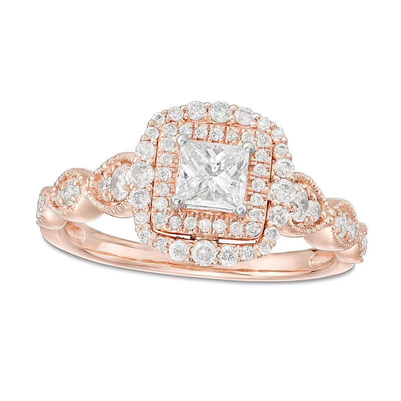 0.88 ct. Gesamtgewicht Verlobungsring Halo mit weißen Diamanten im Princess- und Rundschliff in 10K Roségold