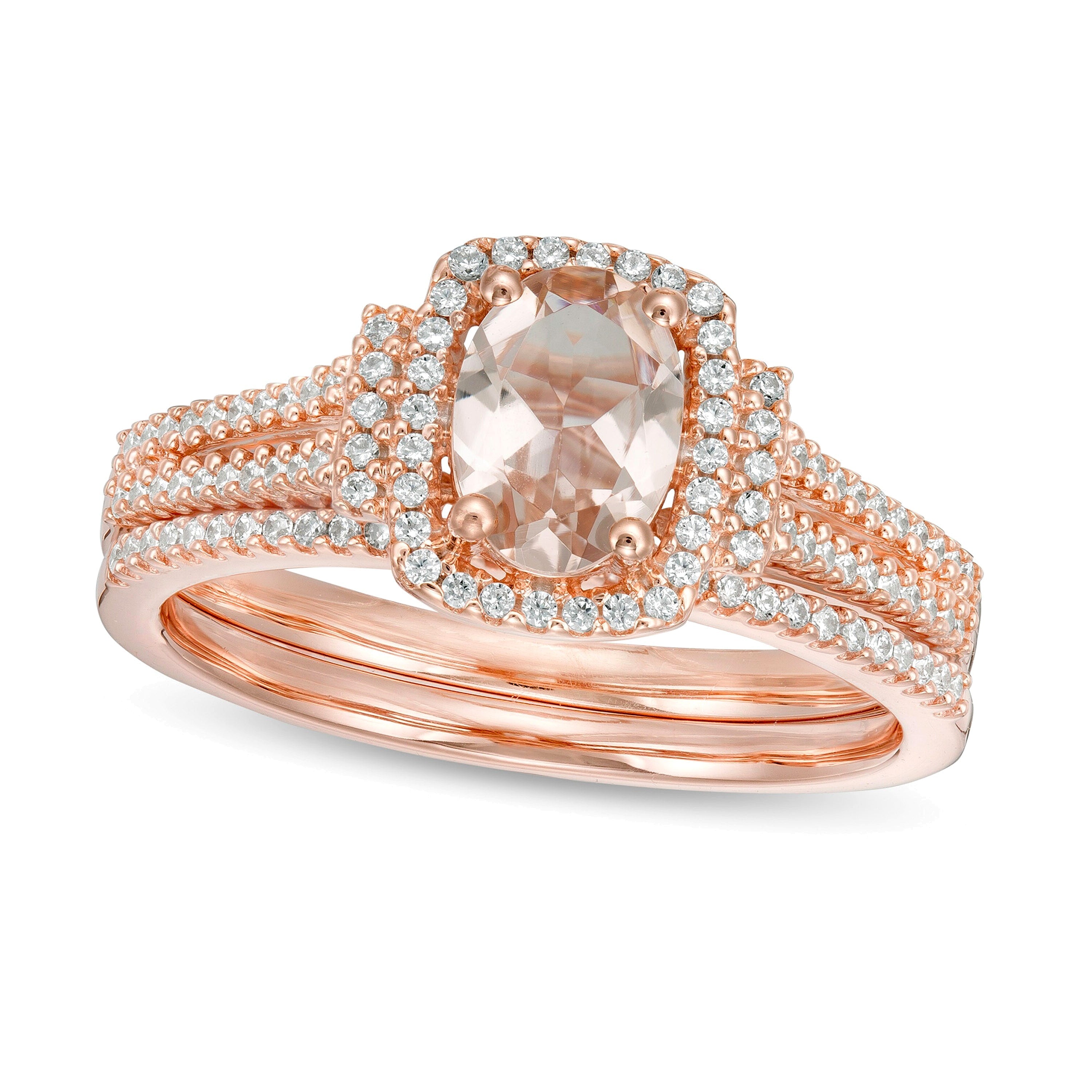 Braut-Set mit ovalem Morganit und 0,33 ct. Gesamtgewicht Diamanten im Kissenschliff-Rahmen und geteilter Ringschiene in 10K Roségold
