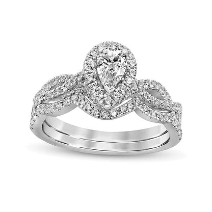 1.0 CT. TW Braut-Set mit tropfenförmigem Diamant und gedrehter Ringschiene in 14K Weißgold (I/I2)