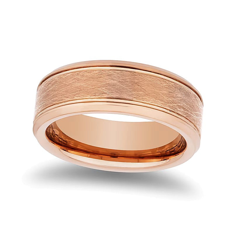 8,0mm Ring mit strukturierter Mitte und abgeschrägten Kanten aus rosé-ionenbeschichtetem Wolfram