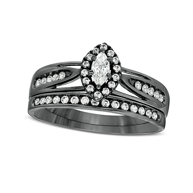 0.5 ct. Gesamtgewicht Marquise-Diamant Brautset mit Rahmen und geteilter Schiene in 10K Weißgold mit schwarzem Rhodium