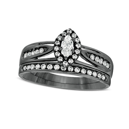 0.5 ct. Gesamtgewicht Marquise-Diamant Brautset mit Rahmen und geteilter Schiene in 10K Weißgold mit schwarzem Rhodium