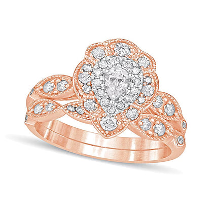 0,63 ct. Gesamtgewicht Brautset mit tropfenförmigem Diamant im Vintage-Stil mit doppeltem Blütenrahmen in 10K Roségold