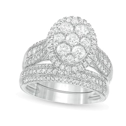 1.5 ct. Gesamtgewicht Komposit-Diamant Braut-Set mit ovalem Rahmen und mehrreihigem Design in 10K Weißgold