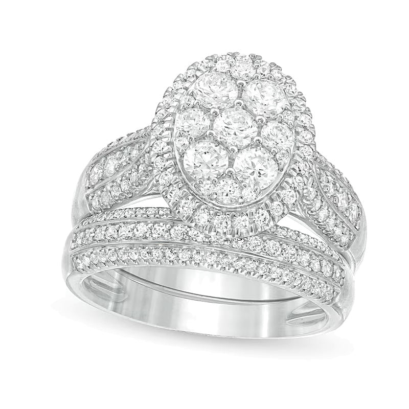 1.5 ct. Gesamtgewicht Komposit-Diamant Braut-Set mit ovalem Rahmen und mehrreihigem Design in 10K Weißgold
