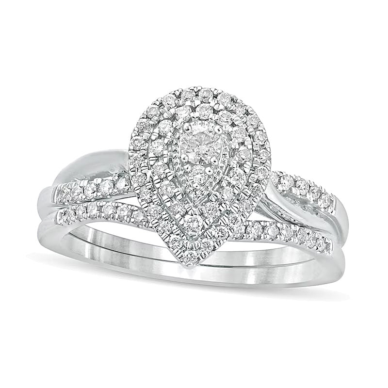 0.38 ct. Gesamtgewicht Komposit-Diamant Braut-Set mit tropfenförmigem Rahmen in 10K Weißgold