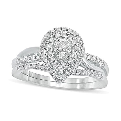 0.38 ct. Gesamtgewicht Komposit-Diamant Braut-Set mit tropfenförmigem Rahmen in 10K Weißgold