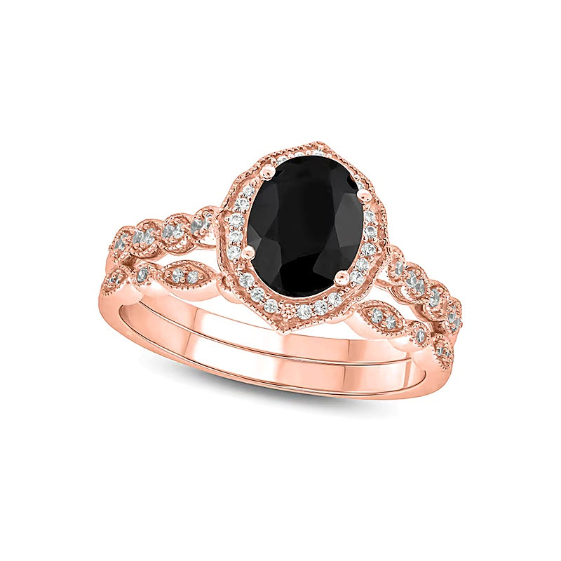 Braut-Set mit ovalem schwarzem Saphir und Diamanten 0,2 ct. Gesamtgewicht im Vier-Krappen-Vierpass-Rahmen im Art-déco-Vintage-Stil in 10K Roségold