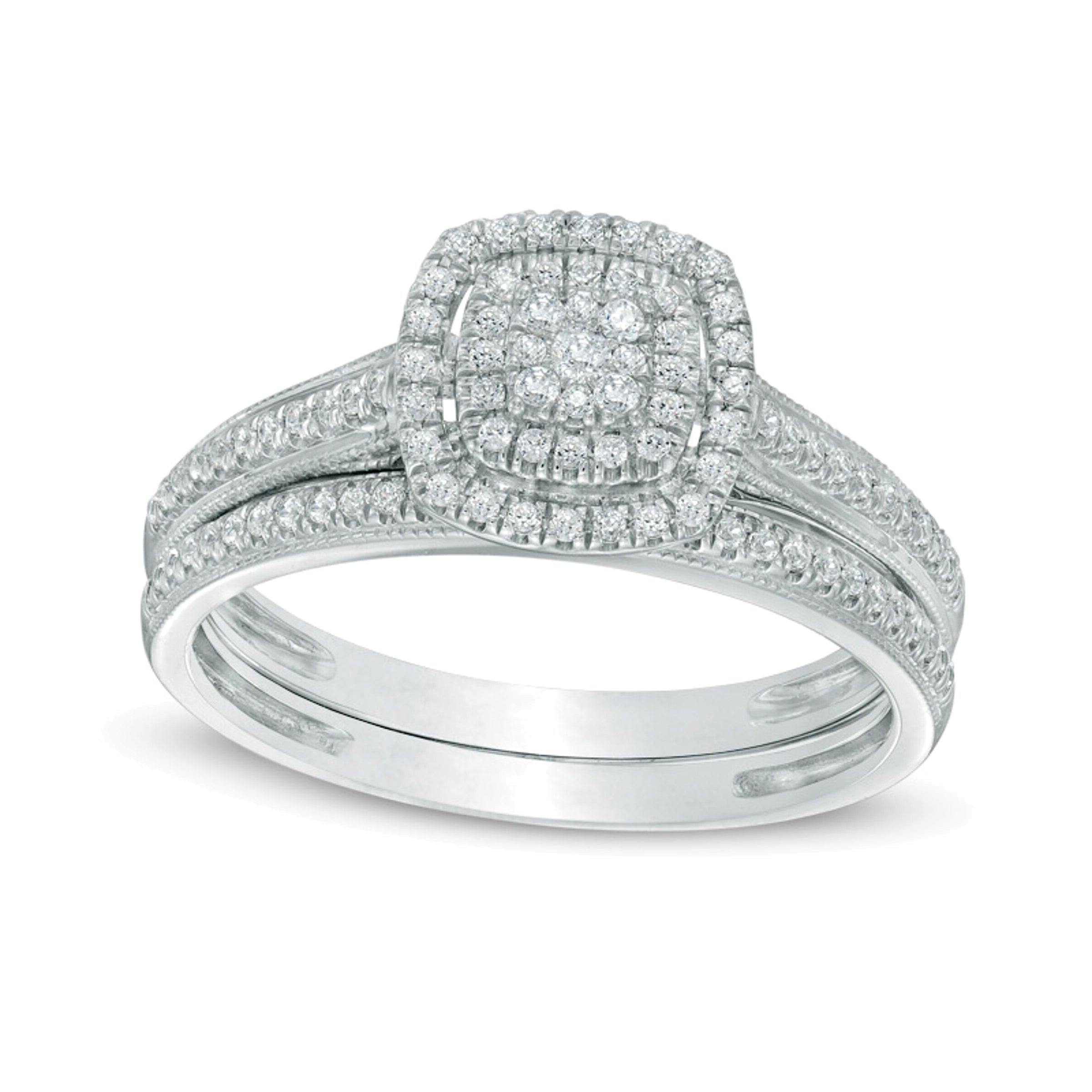 0,33 ct. Gesamtgewicht Komposit-Diamant Brautset im Vintage-Stil mit doppeltem quadratischem Rahmen in 10K Weißgold