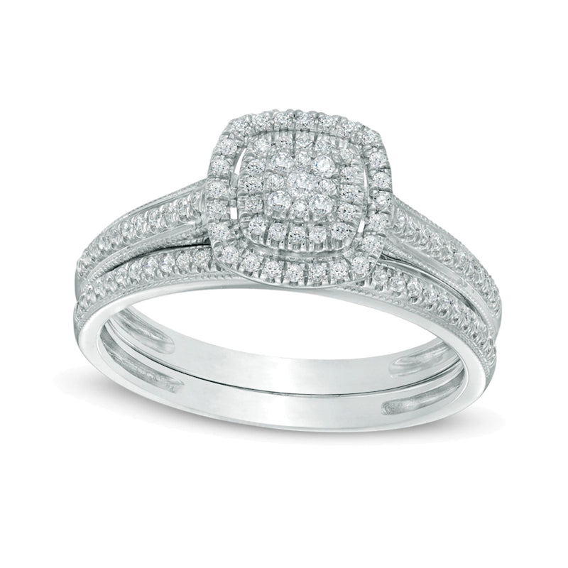 0,33 ct. Gesamtgewicht Komposit-Diamant Brautset im Vintage-Stil mit doppeltem quadratischem Rahmen in 10K Weißgold
