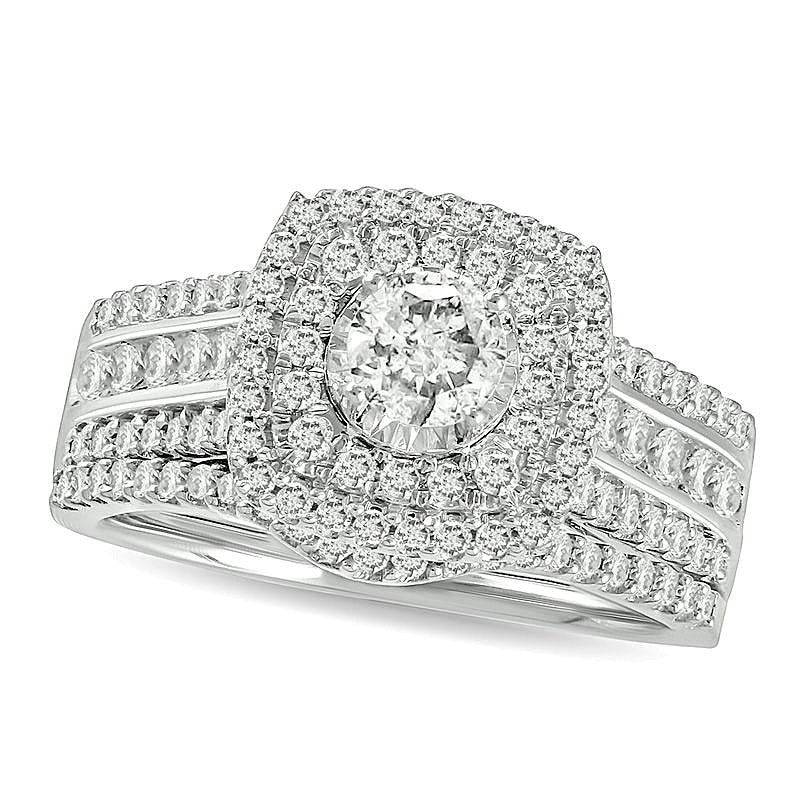 Brautset mit Diamanten 1.0 ct. Gesamtgewicht, rund & Kissenschliff, mehrreihig mit doppeltem Kissenschliff-Rahmen in 10K Weißgold
