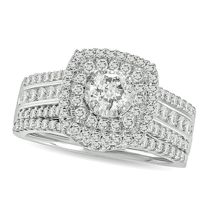 Brautset mit Diamanten 1.0 ct. Gesamtgewicht, rund & Kissenschliff, mehrreihig mit doppeltem Kissenschliff-Rahmen in 10K Weißgold