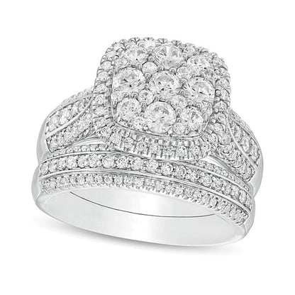1,5 ct. Gesamtgewicht Komposit-Diamant Brautset mit Kissenschliff-Rahmen, mehrreihig, in 10K Weißgold