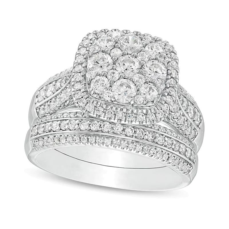 1,5 ct. Gesamtgewicht Komposit-Diamant Brautset mit Kissenschliff-Rahmen, mehrreihig, in 10K Weißgold