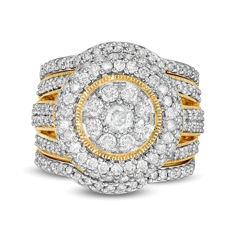 2.25 ct. Gesamtgewicht Multi-Diamant mehrreihiges dreiteiliges Braut-Set im Vintage-Stil in 10K Gelbgold