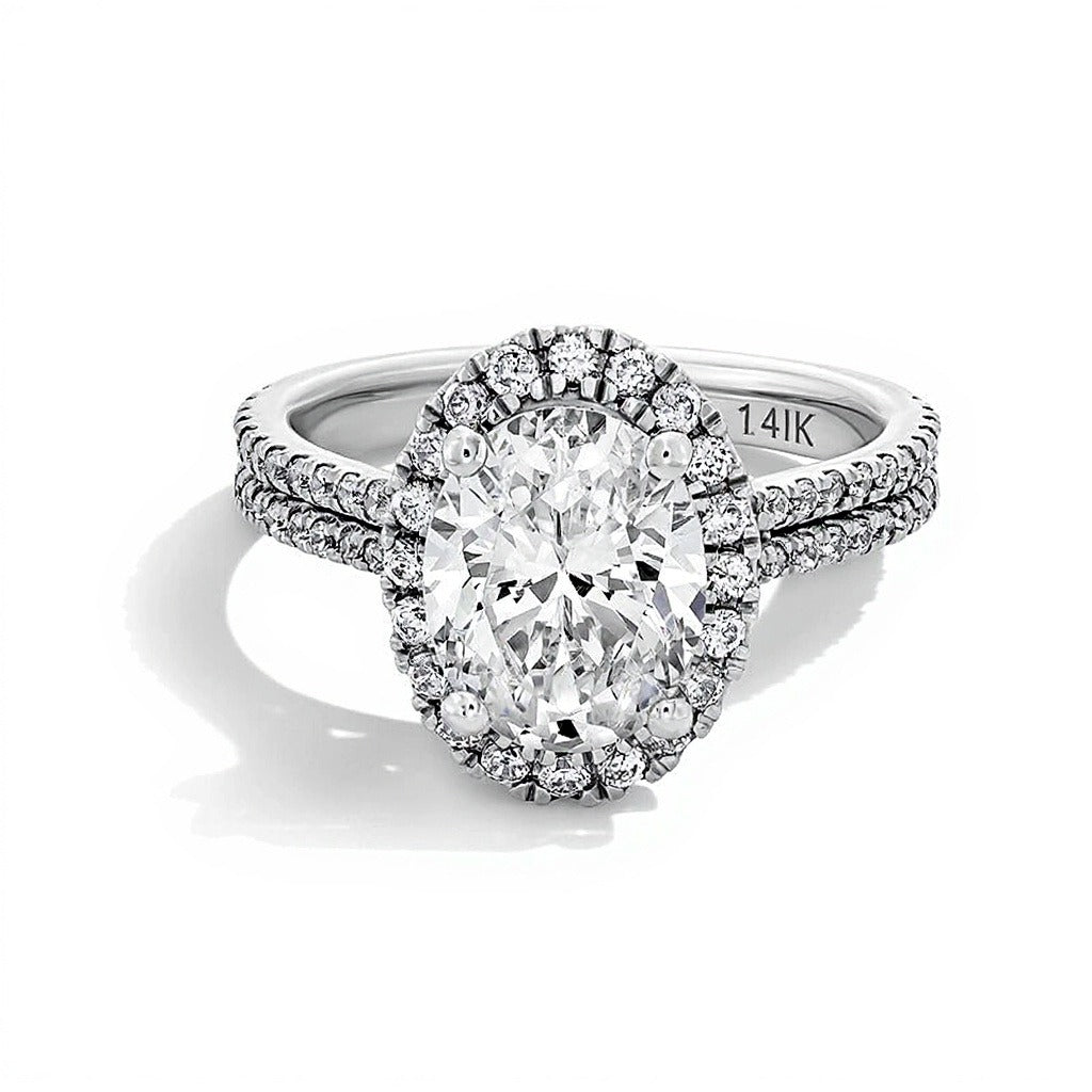 2.63 CT. Gesamtgewicht Halo-Ring mit Labordiamanten in Oval- und Rundschliff in 14K Weißgold (F/SI2)