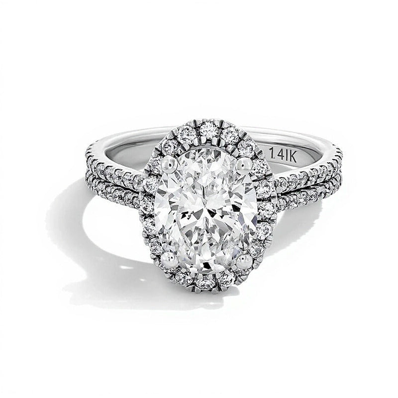 2.63 CT. Gesamtgewicht Halo-Ring mit Labordiamanten in Oval- und Rundschliff in 14K Weißgold (F/SI2)