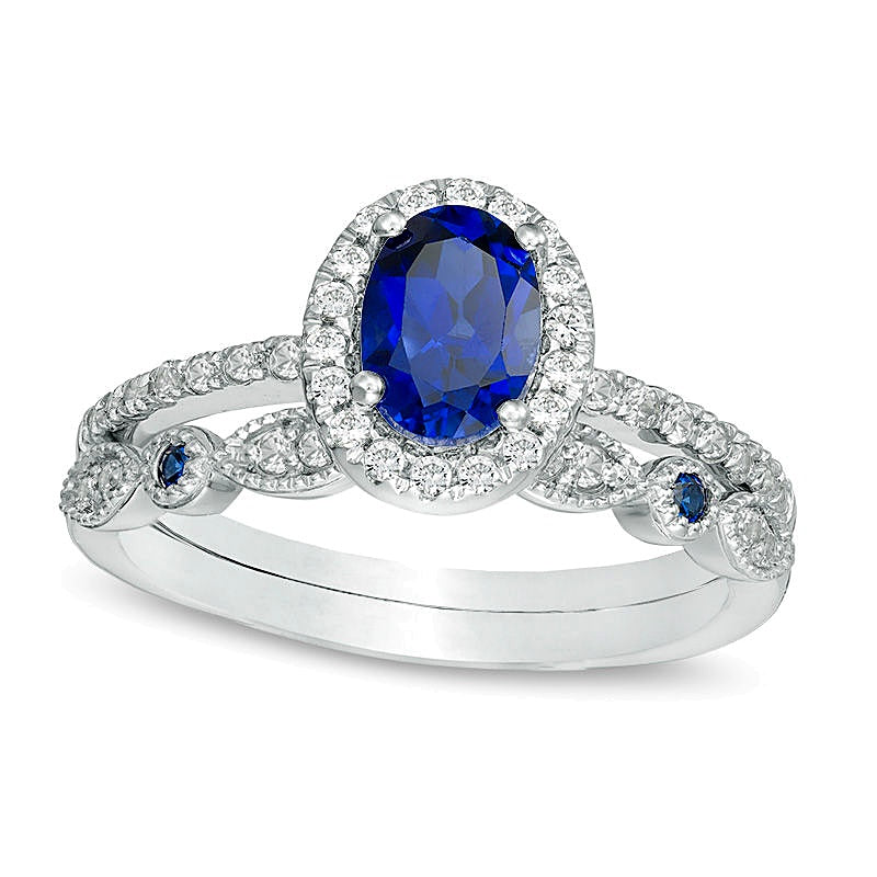Braut-Set mit ovalem blauem und rundem weißem Saphir (Labor) im Vintage-Stil in 10K Weißgold