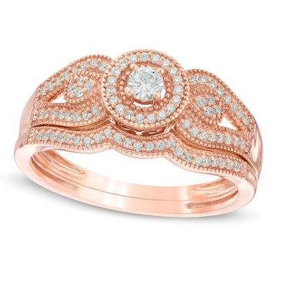 0.25 ct. Gesamtgewicht Diamant Brautset im Vintage-Stil mit geteilter Schiene und Halo in 10K Roségold