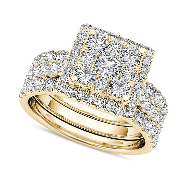 2.0 ct. Gesamtgewicht Komposit-Diamant Brautset mit quadratischem Rahmen, dreiteilig, in 14K Gelbgold