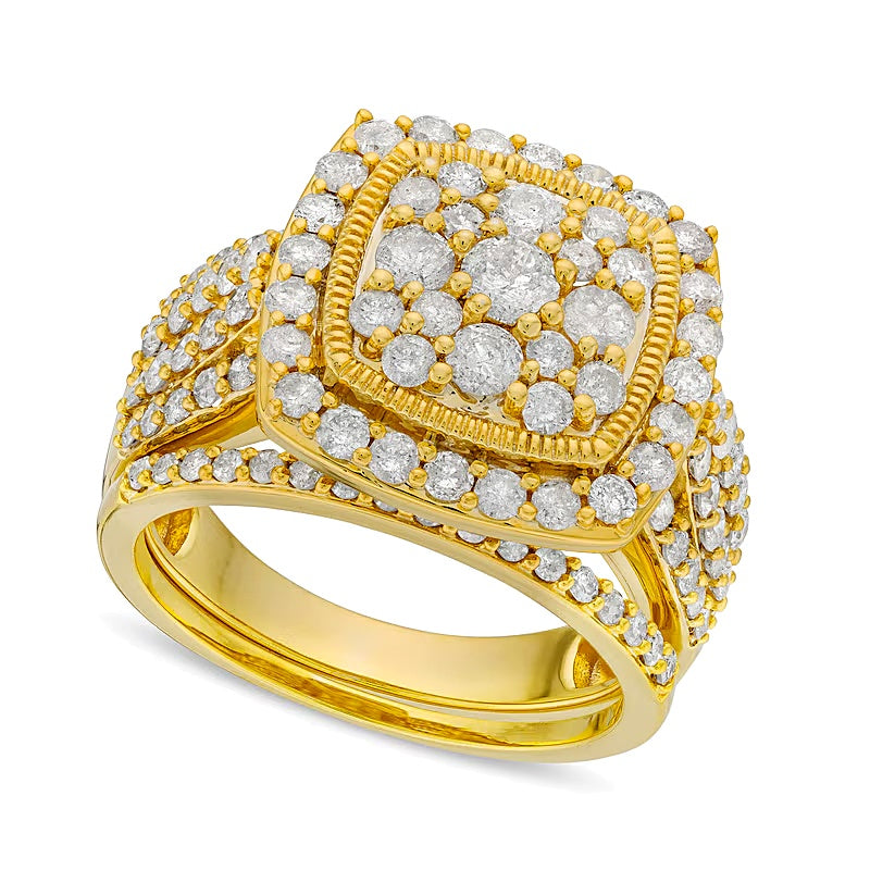 2.0 ct. Gesamtgewicht Braut-Set im Vintage-Stil mit weißen Diamanten im Kissenschliff und Rundschliff, Split-Shank und Diamantrahmen in 10K Gelbgold