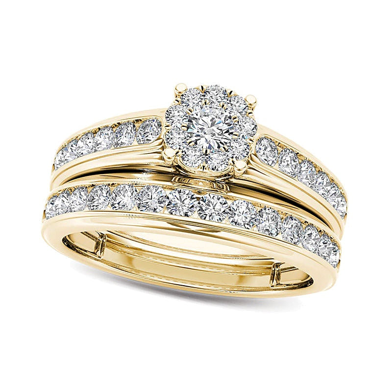 Diamant-Brautset 1.5 ct. Gesamtgewicht mit Halo in 14K Gelbgold