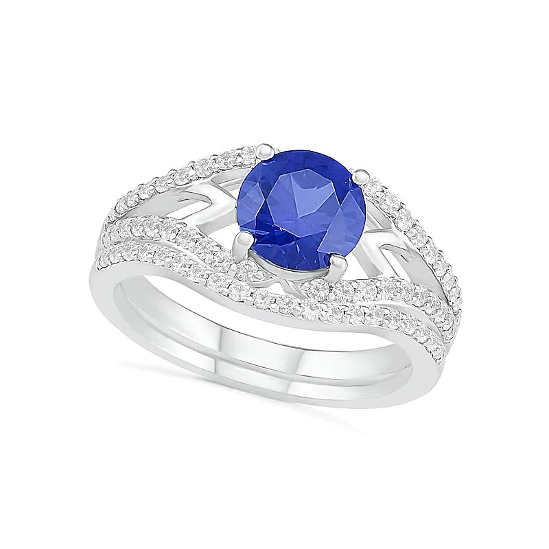 7,0mm Braut-Set mit blauem und weißem Labor-Saphir (rund), geometrisch, geteilte Schiene, in rhodiniertem Sterlingsilber