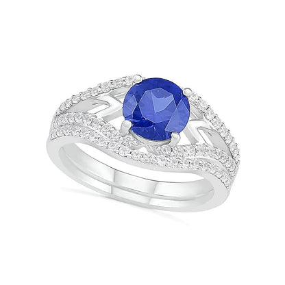 7,0mm Braut-Set mit blauem und weißem Labor-Saphir (rund), geometrisch, geteilte Schiene, in rhodiniertem Sterlingsilber