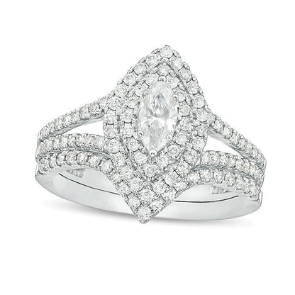 1.0 CT. Gesamtgewicht Brautset mit Diamanten im Marquise- und Rundschliff in 14K Weißgold (I/I1)